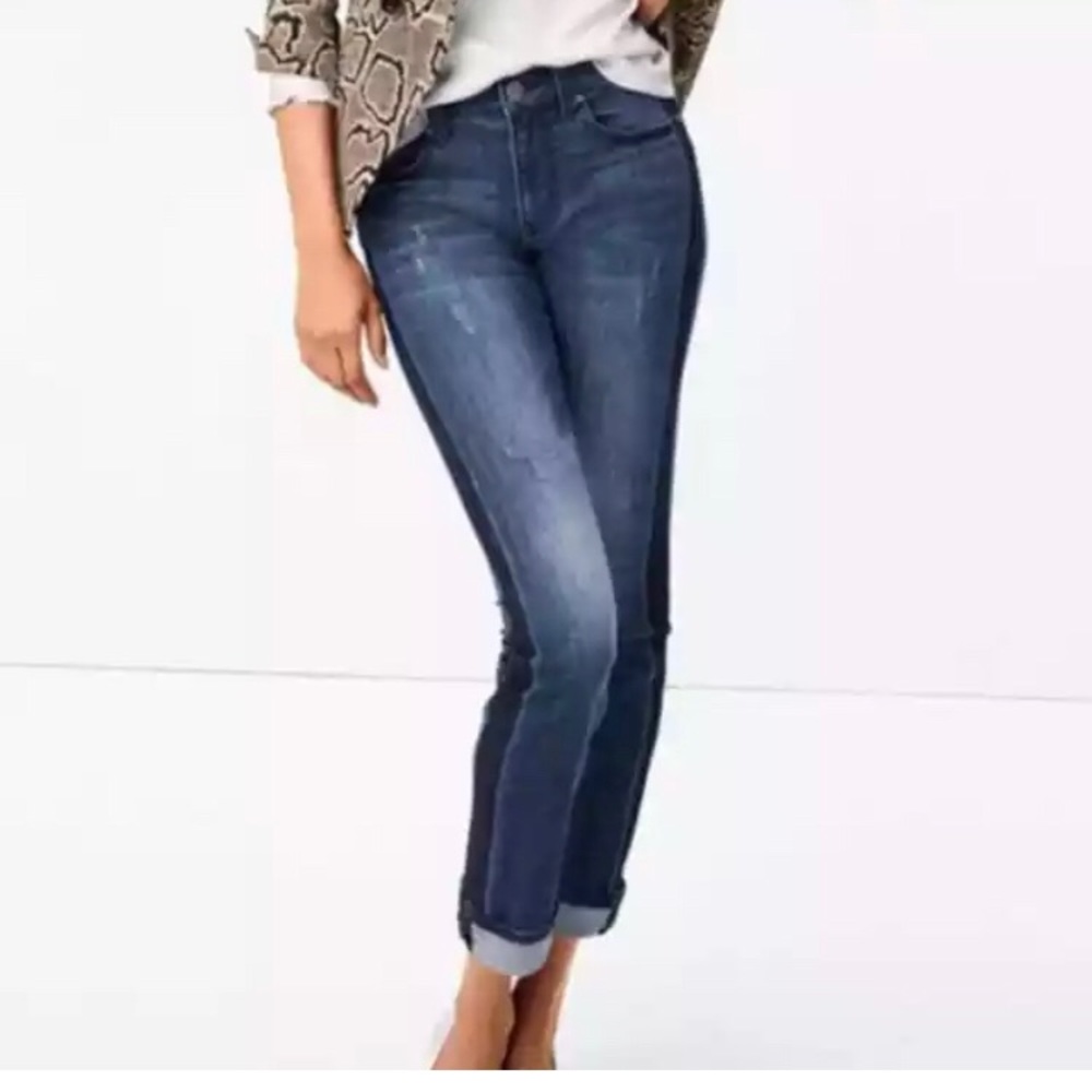 Cabi #3750 Distressed Tuxedo Stripe Straight Jean